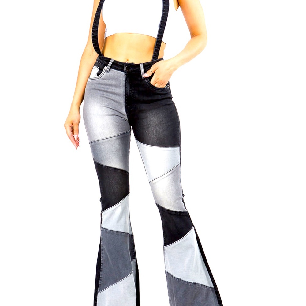 PRISCILLA PATCH WORK FLARED JEANS/SUSPENDERS